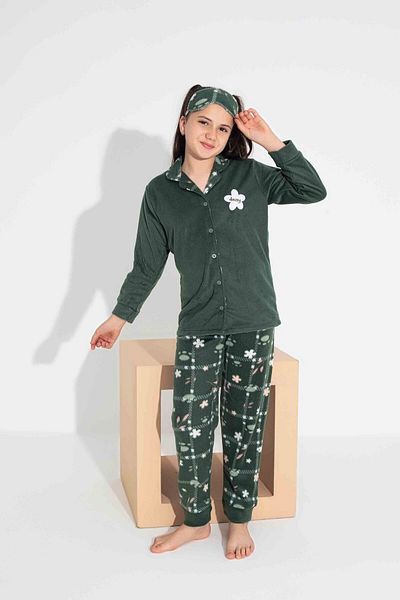 Tarık Men's Khaki Youth and Children's Long Sleeve Diamond Patterned Fleece Plush Pajamas Set