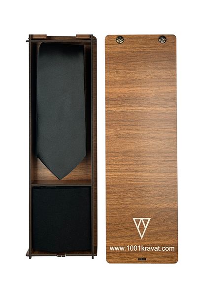 1001 Kravat Men's Gift Set with Wooden Box, Black Tie and Socks