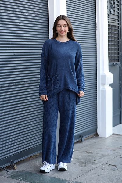 AYASOFYA OTANTIK Women's Navy Blue Patterned Blouse and Elastic Waist Pants Antique Cotton Knitwear Set of 2