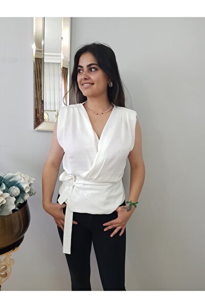 FERGAN Women's Ecru Crossed Waist Birded Design Crop Bluz