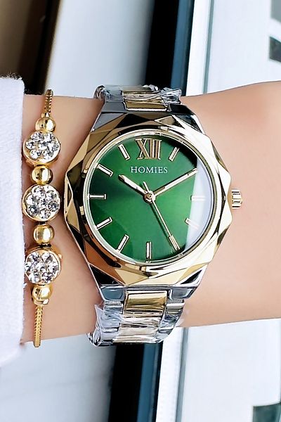 Homies Women's Wristwatch 3 Atm Waterproof Gold-green Color Steel Cord Bracelet Gift Hmby2017c5