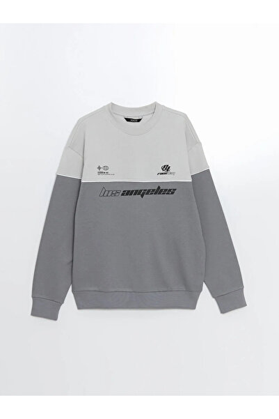 LC Waikiki LCW Casual Gri Bisiklet Yaka Uzun Kollu Renk Bloklu Erkek Kalın Sw...