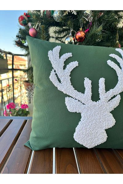 punchatolyem Panch Punch Mery Christmas New Year Model Handmade Green Color Throw Pillow Cover