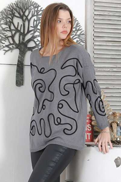 Chiccy Italian Gray Boat Neck Long Sleeve Streamline Embroidery Casual Knitwear Sweater