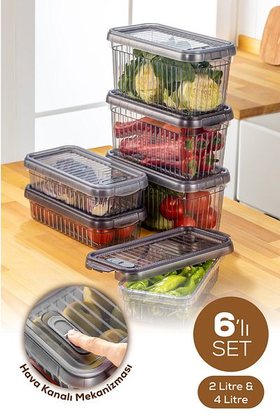 Vienev Set of 6 Self-Striped Storage Containers with Locked Lids 3X (2 Liters - 4 Liters)
