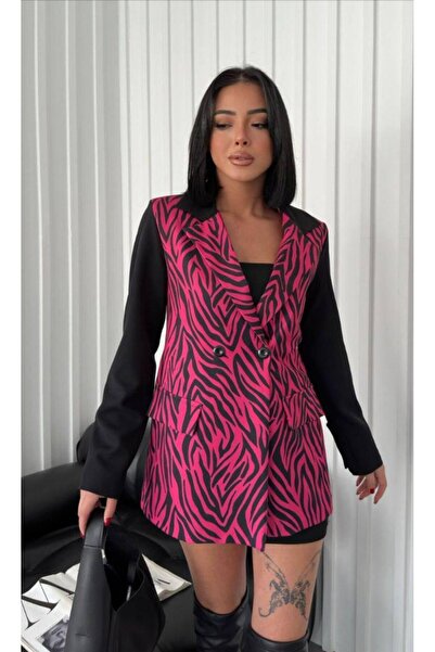 Azra Moda Style Atlas Kumaş Fuşya Renk Zebra Desen Astarlı Siyah Kol Detaylı Ceket Kadın