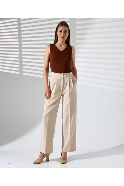 aytenli Front Pleated High Waist Wide Leg Pocket Double Fabric Trousers
