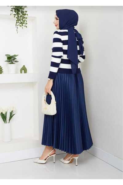 trikomode Navy Blue Women's Button Detailed Striped Skirt Top Hijab Knitwear Cardigan