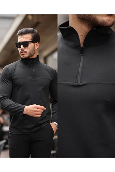 ROBERTO BORNOVA Μαύρο φούτερ με μισό φερμουάρ από ύφασμα κατάδυσης