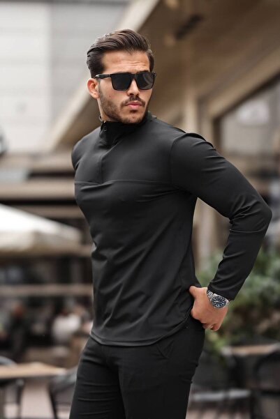 ROBERTO BORNOVA Μαύρο φούτερ με μισό φερμουάρ από ύφασμα κατάδυσης