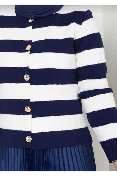 trikomode Navy Blue Women's Button Detailed Striped Skirt Top Hijab Knitwear Cardigan