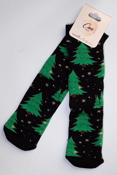 CANMODA New Year's Themed Terry Socks - Green Pine Tree Pattern - Cm114