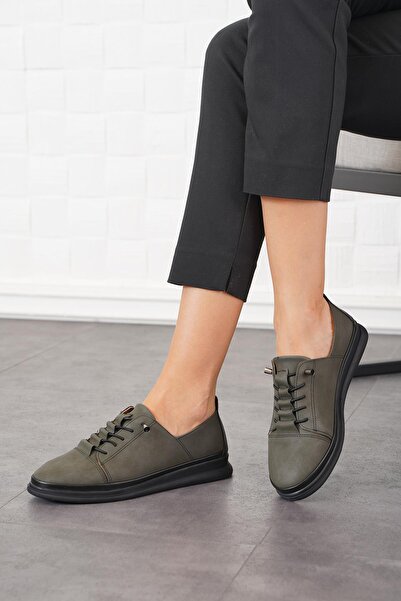 Moda Pie Khaki Emerald Metis Pleated Laced Orthopedic Women's Shoes