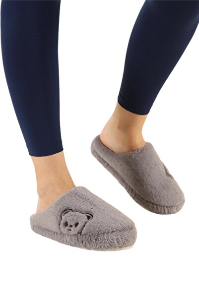Liger Papuci de casă pentru femei GRI de pluș - Față închisă și imprimeu cu ursuleț