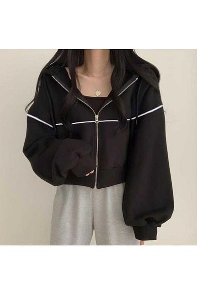 Gofeel Y2K 3 Yarn Crop Zipper Hoodie Jacket
