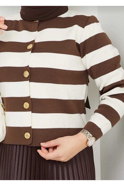 MODA VEDAT Women's Button Detailed Streifened Cardigan