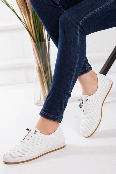 GULT Genuine Leather Women's Casual Shoes White Laced Laser Embroidered