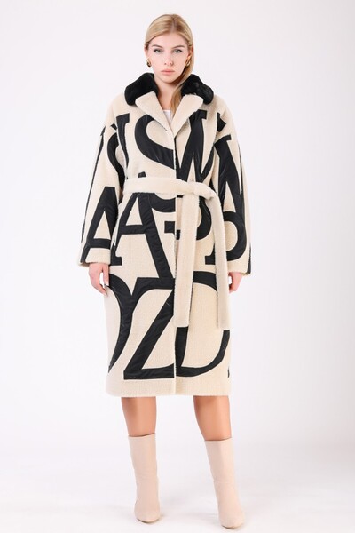 Leather Club Bej Yazı Desenli Yün Kürk Kaban