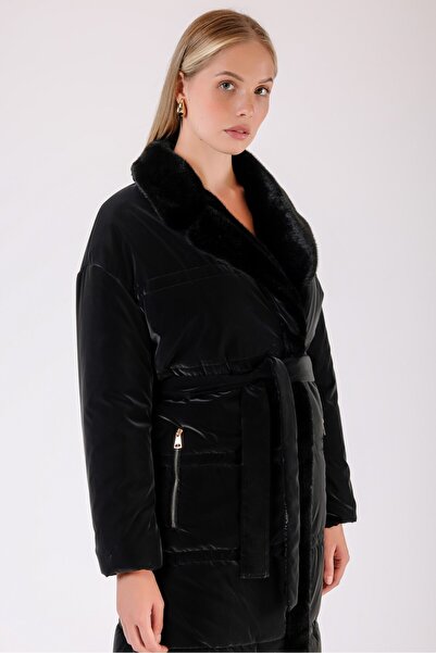 Leather Club Siyah Kürk Aksesuarlı Su Geçirmez Puffer Kaban