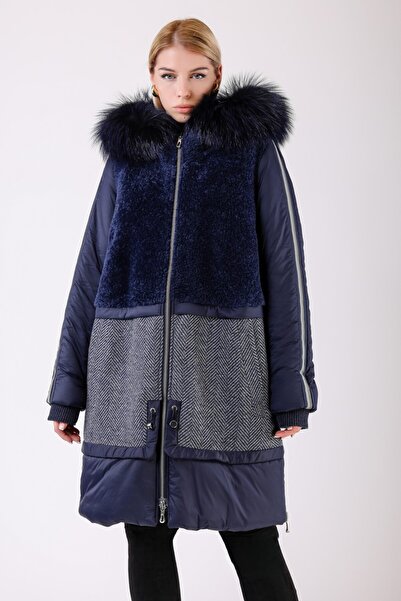 Leather Club Lacivert Fox Kürk Aksesuarlı Alpaka Puffer Kaban