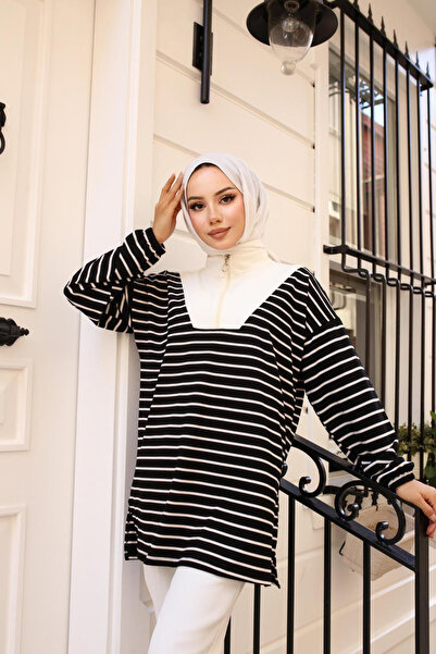 Bold Grup Women's Modal Fabric Half Zipper Striped Tunic