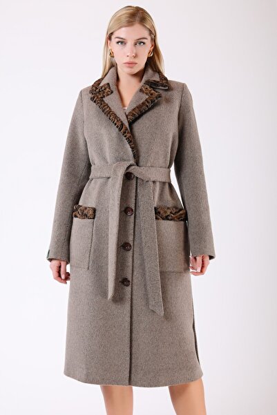 Leather Club Bej Kürk Aksesuarlı Alpaka Yün Kaban