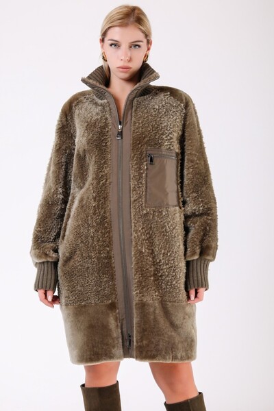 Leather Club Haki Triko Aksesuarlı Kürk Kaban