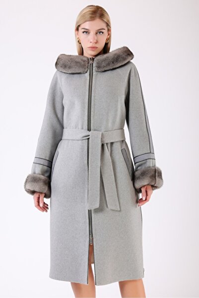 Leather Club Soğuk Gri Mink Kürk Aksesuarlı Alpaka Yün Kaban