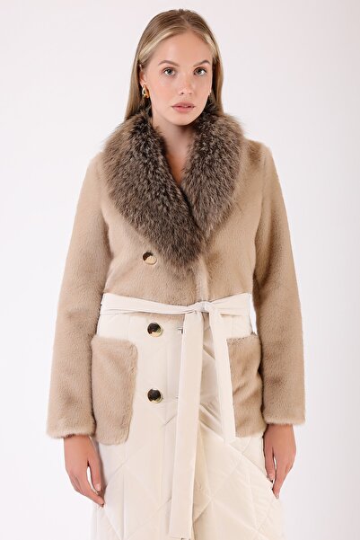 Leather Club Krem Fox Kürk Aksesuarlı Yün Kaban