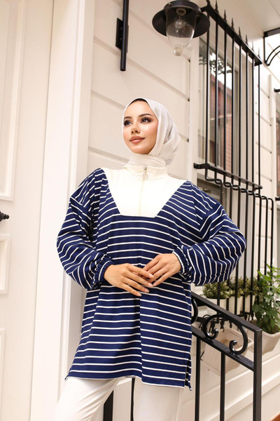 Bold Grup Women's Modal Fabric Half Zipper Striped Tunic