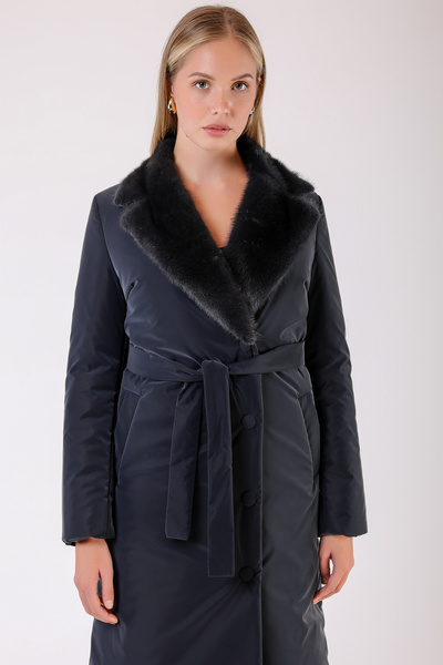 Leather Club Lacivert Kürk Aksesuarlı Su Geçirmez Puffer Kaban