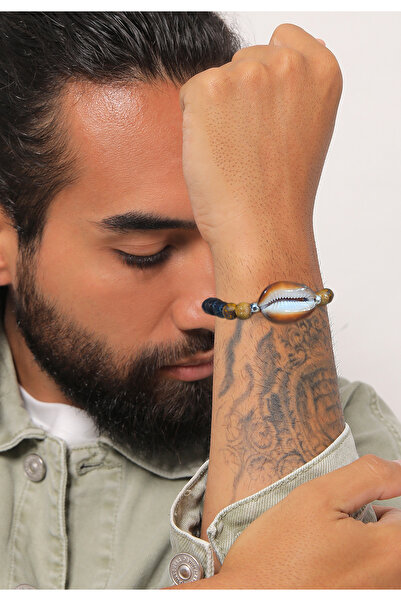 KUZZOI Pánský náramek s přívěskem Kauri Shell s lávovými a tygřími korálky ze sterlingového stříbra 925