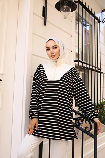 Bold Grup Women's Modal Fabric Half Zipper Striped Tunic