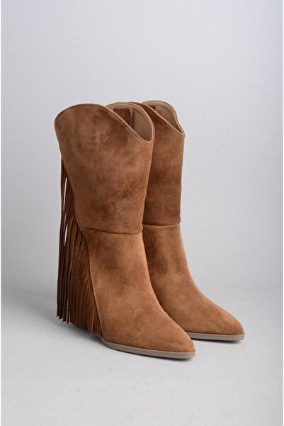 SEÇ KUNDURA SEÇ 55060 Ghete de damă cu toc înalt cu ciucuri din piele de căprioară TABA - 8 cm