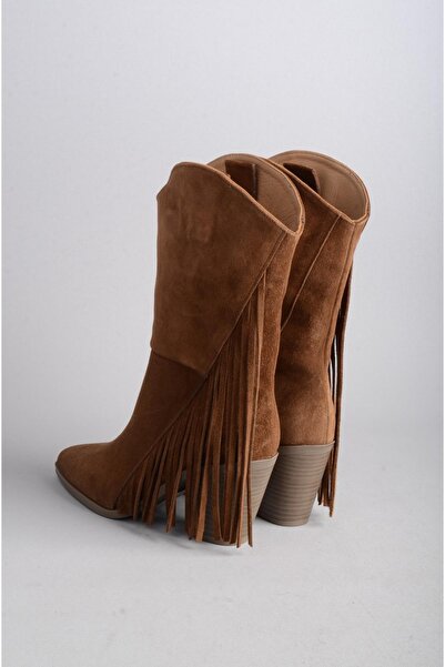 SEÇ KUNDURA SEÇ 55060 HAKİKİ DERİ PÜSKÜLLÜ TOPUKLU KADIN ÇİZME (Topuk Boyu:8 cm) TABA SÜET