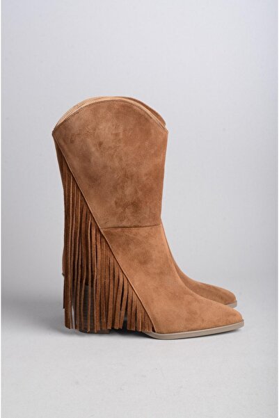 SEÇ KUNDURA SEÇ 55060 Ghete de damă cu toc înalt cu ciucuri din piele de căprioară TABA - 8 cm