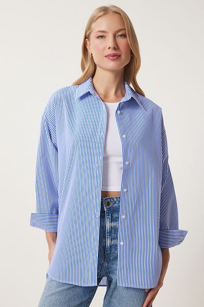 Lovelyİstanbul Oversize Striped Long Shirt - Blue Lpx0001