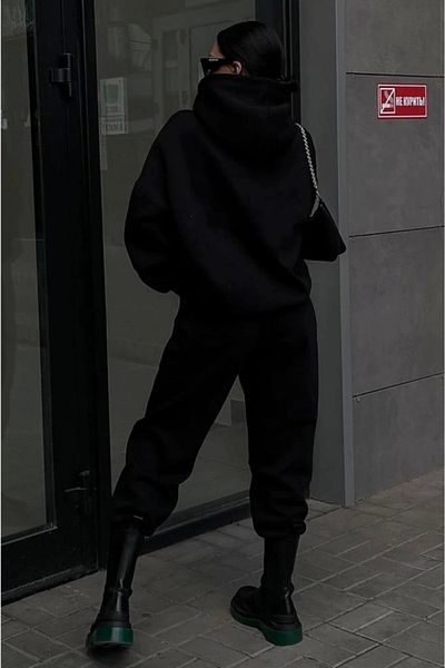 SaklıModa Σετ φόρμας χειμερινής κουκούλας με στάμπα με τρεις κλωστές - Μαύρο