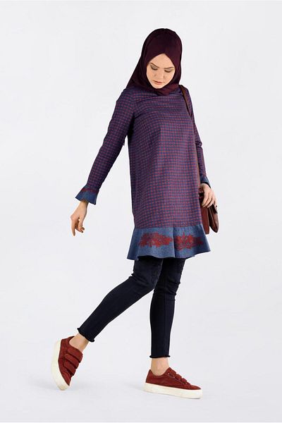 TRENDTESETTÜR Navy Blue Women's Tunic - Gingham Patterned, Flounce Skirt, Embroidered 4793