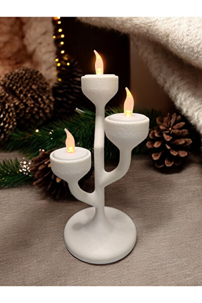 Maflen Alev Efektli Titreyen Led Mumlu Modern Şamdan 3'lü Mumluk Beyaz
