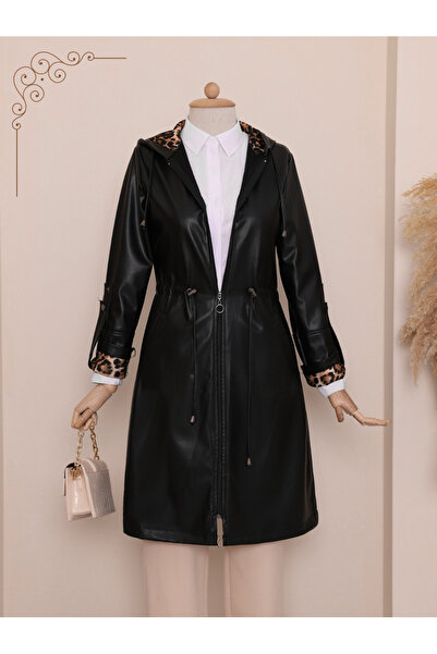 Modamorfo Černá kožená čepice s kapucí se skládacím rukávem a krajkou