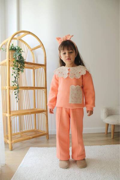 Prime Butik Summon Colored Collar-Pocket Embroidered Girl's Bottom Top Suit