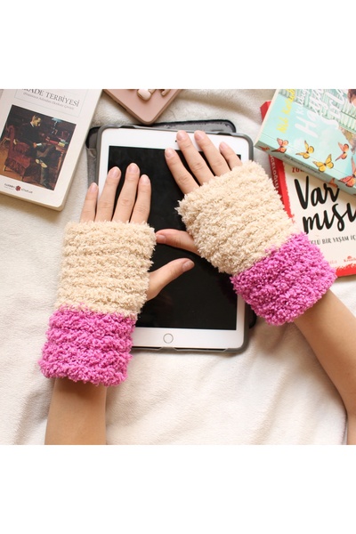 TRENDİN YOLU İki Renkli Kışlık Parmaksız El Yapımı Eldiven Üz