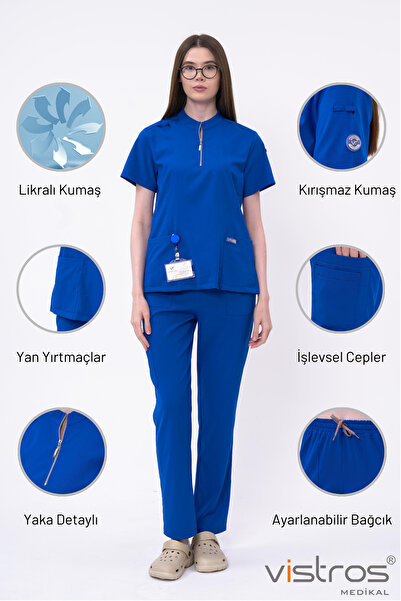 Vistros Medikal Lüks Dik Yaka Yüksek Kaliteli Likralı Saks Mavi Scrubs Hemşire Doktor Üniforma (Alt-Üst) V-010