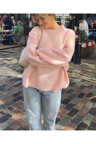 La Saade Pink Crew Neck Oversize Knitwear Sweater
