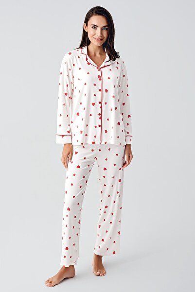 Artış Thermal Long Sleeve Buttoned Heart Pattern Stretchy Soft Textured Maternity Pajamas Suit
