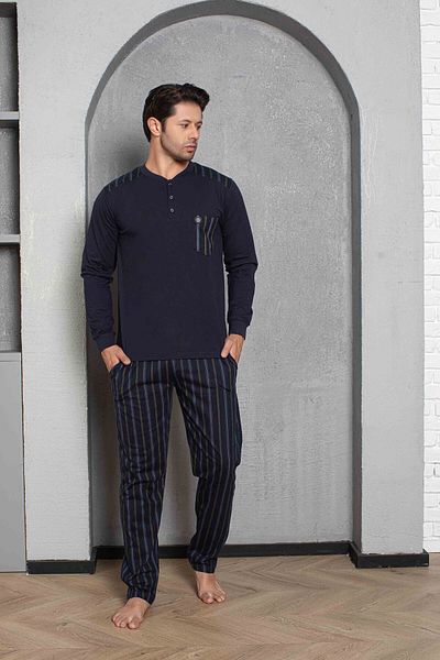 Tarık Men's Navy Blue Striped and Pocketed Long Sleeve Combed Cotton Fabric Pajamas Set
