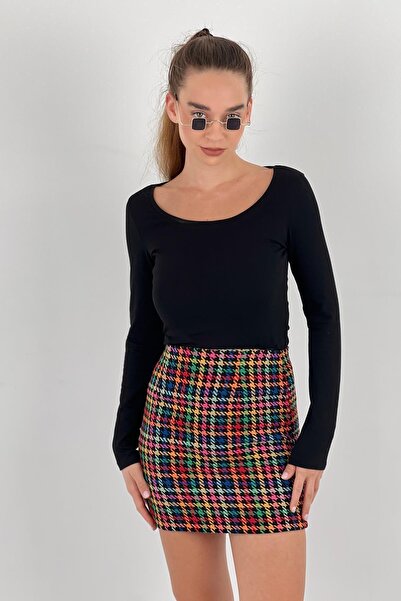 Miss Poem Women's High Waist Square Print Red Super Mini Skirt