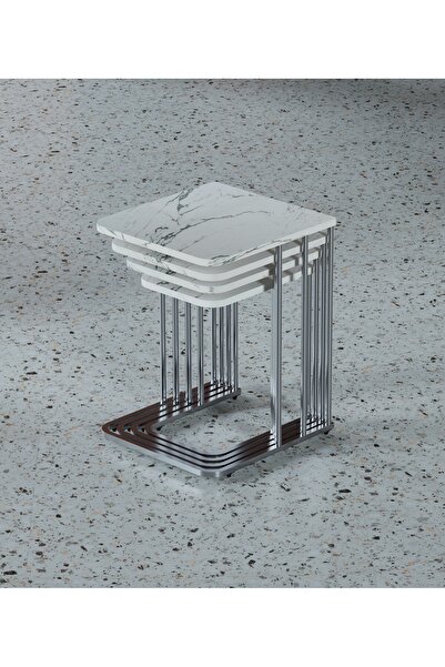 makbulce Ceylin Mdf 4lü Zigon Sehpa Tekerlekli Gümüş Ayak Mermer Desen