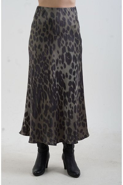 Zelish My Sister Fusta din satin cu model leopard kaki